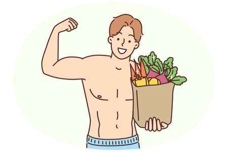 Smiling muscular man hold bag with vegetablesのイラスト素材