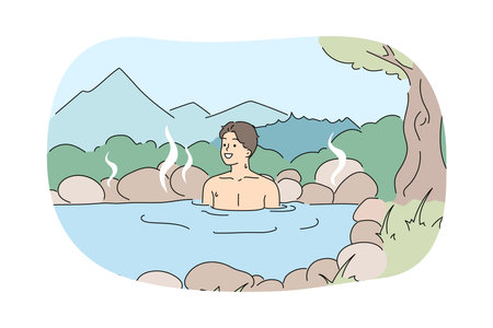 Man bathes in thermal spring in forest, using alternative medicine to improve healthのイラスト素材