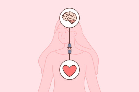 Harmony between mind and emotions for woman, with wire connecting brain and heart
