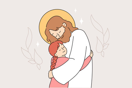 Jesus hugs little girl, demonstrating god love and protection for christians and catholicsのイラスト素材