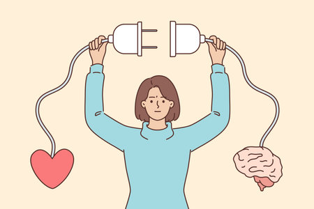 Woman unites reason and emotions using wire connected to heart and brain to achieve life harmonyのイラスト素材