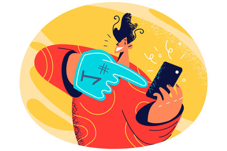 Smiling man point at cellphoneのイラスト素材