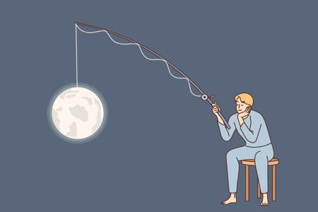 Man sleeps and smiles, holding fishing rod with moon on hook, sitting on toilet.のイラスト素材