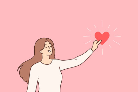 Woman holds heart symbolizing love and mercy, calling for assistance to charitable organizationsのイラスト素材