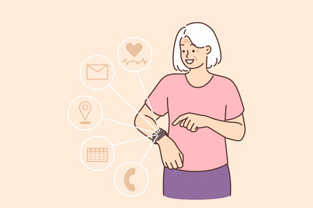 Fitness bracelets or smartwatch on hand elderly woman using gadget to make call or measure heartbeatのイラスト素材