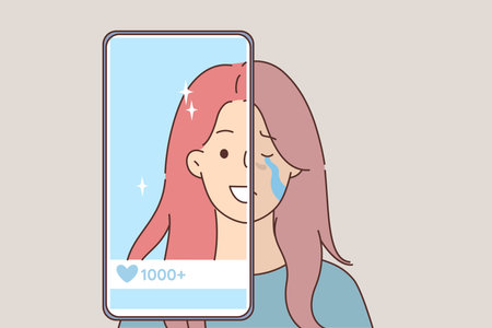 Problem low self-esteem in woman who uses social networks on phone to restore psychological healthのイラスト素材