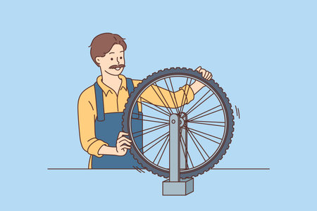 Man, bicycle repairman, stands near wheel, balancing or replacing tires to improve grip on groundのイラスト素材