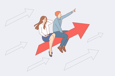 Business men and women are moving upward on big red arrow, for concept of striving for successのイラスト素材