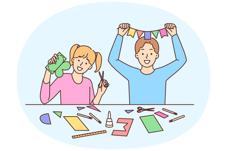Friendly boy girl in adolescence cut out origami and crafts from colored paperのイラスト素材