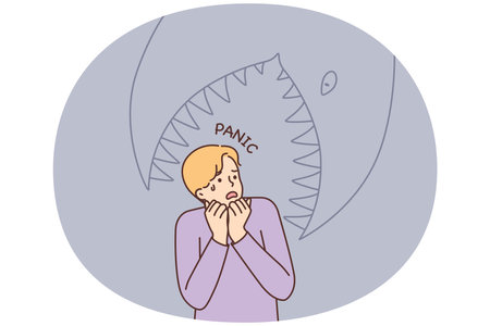 Frightened man having panic attack imagining giant fish trying to eat himのイラスト素材