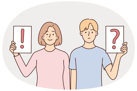 Man and woman showing signs with question and exclamation marks for concept of disagreementのイラスト素材