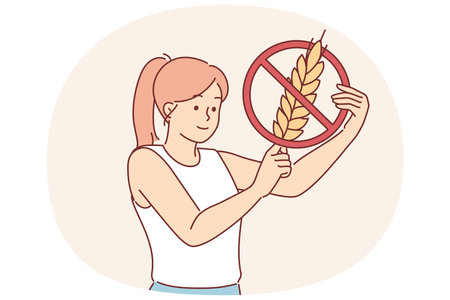 Woman holds gluten-free sign, urging people to stop eating foods containing grains and wheatのイラスト素材