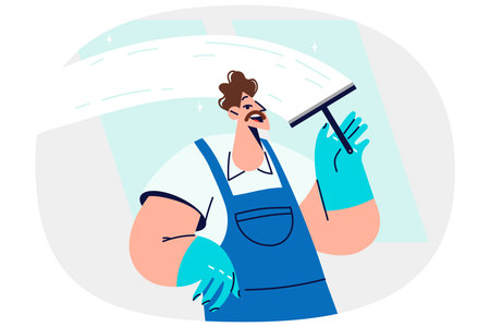 Man window cleaner cleans glass, polishing surface and removing traces of streaks and stainsのイラスト素材