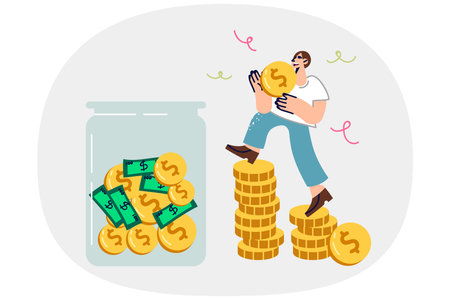 Rich man saves money by putting coins in transparent jar to accumulate reserve capitalのイラスト素材