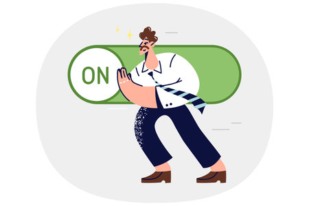 Business man presses switch to launch new advertising campaign to attract customers for corporationのイラスト素材