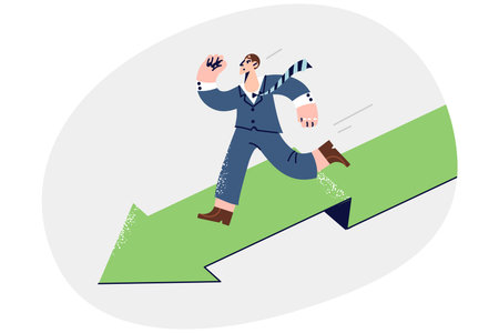 Purposeful man runs forward along arrow path, trying to achieve goals and advance career ladderのイラスト素材