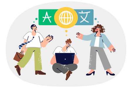 Man translator helps people from different countries communicate, sitting with laptop near managersのイラスト素材