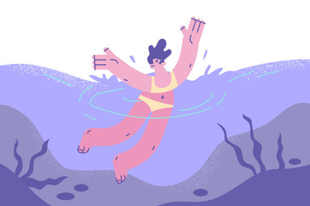 Worried woman drowning in sea water beg for helpのイラスト素材