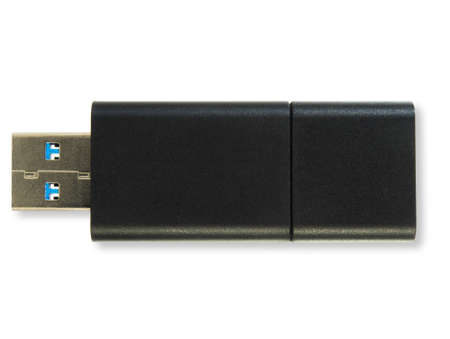 Black flash drive with shadow on white background