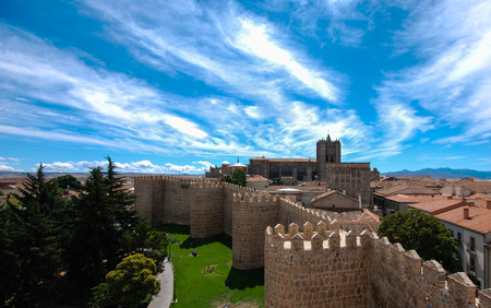 View of Avila cathedral from walls of medieval cityのeditorial素材