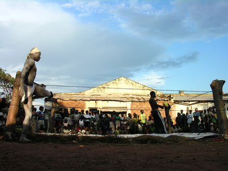 Pweto, Katanga, DRC, 20th May 2006: Wrestlers awaiting the fightのeditorial素材