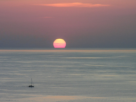 Ocean view at sunset from Sierra de Tramuntana, near Valldemossa, Mallorca, Spainの写真素材