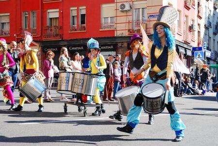 Madrid, Spain, March 2nd 2019: Carnival parade, Members of Tabarilea Percusion playing and dancingのeditorial素材
