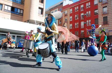 Madrid, Spain, March 2nd 2019: Carnival parade, Members of Tabarilea Percusion playing and dancingのeditorial素材