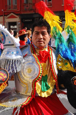 Madrid, Spain, March 2nd 2019: Carnival parade, Man from Bolivian dance team posing with traditional costumeのeditorial素材