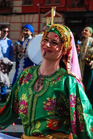Madrid, Spain, March 2nd 2019: Carnival parade,  Arab group dancer with traditional costume dancingのeditorial素材