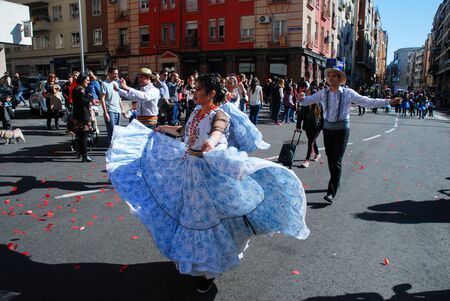 Madrid, Spain, March 2nd 2019: Carnival parade, members of Paraguayan dance group performing with traditional costumeのeditorial素材