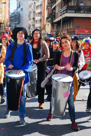 Madrid, Spain, March 2nd 2019: Carnival parade, Members of  Female Percusion group playing and dancingのeditorial素材