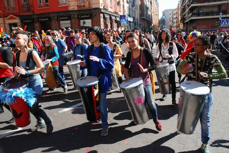 Madrid, Spain, March 2nd 2019: Carnival parade, Members of  Female Percusion group playing and dancingのeditorial素材