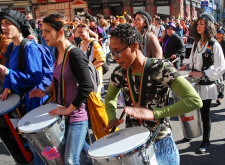 Madrid, Spain, March 2nd 2019: Carnival parade, Members of  Female Percusion group playing and dancingのeditorial素材