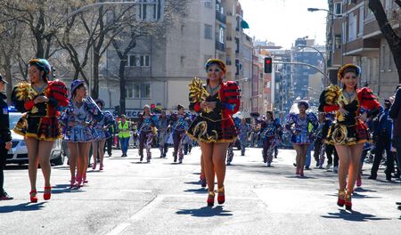 Madrid, Spain, March 2nd 2019: Carnival parade,  Bolivian group dancers with traditional costume performingのeditorial素材
