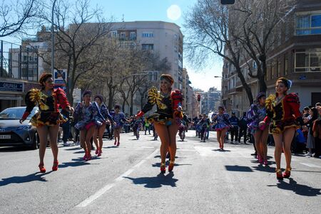 Madrid, Spain, March 2nd 2019: Carnival parade,  Bolivian group dancers with traditional costume performingのeditorial素材