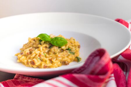 Risotto with dried tomatoes, arugola and basil on white deep plate.の写真素材