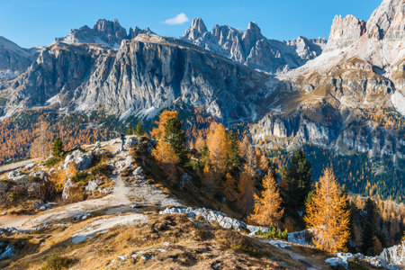Beautiful autumn colors in Dolomites mountain, Tofana peak, Cinque Torri mountain in Italy, Europeの写真素材