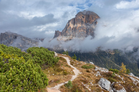 Beautiful autumn colors in Dolomites mountain, Tofana peak, Cinque Torri mountain in Italy, Europeの写真素材