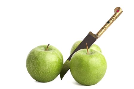 apple and knife on whiteの写真素材