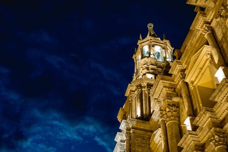 Basilica Cathedral of Arequipa, Peru. At night timeの写真素材