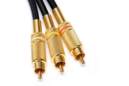 macro of gold plated audio-video rca jacks over whiteの写真素材