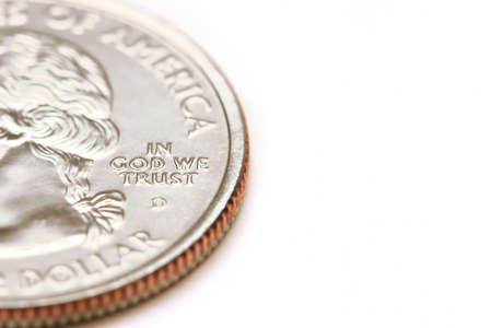 american quarter dollar macro - in god we trust, over whiteの写真素材