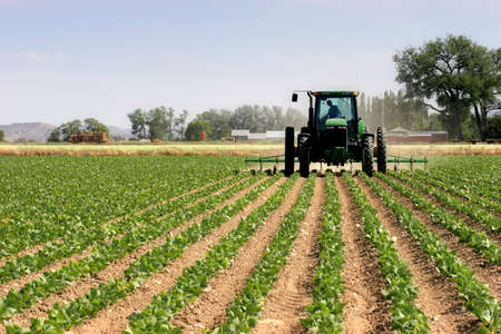 farmer on his tractor plowing the field, rural wyomingの写真素材
