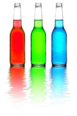 bottles with red, green, and blue liquid with reflection isolated on whiteの写真素材