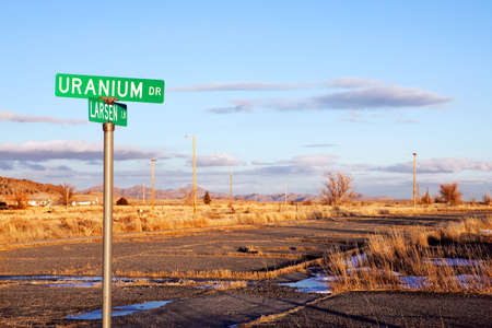 Uranium Drive with road in disrepair. Jeffrey City, Wyoming - a Uranium-mining boomtown established...