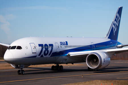 Everett, Washington, USA - February 7, 2012: Boeing 787 for All Nippon Airways taxiing at Paine Field (KPAE) and preparing for a test flight. Aircraft registration JA806A, Boeing line number 40. This was ANA's sixth 787, delivered in March 2012.のeditorial素材