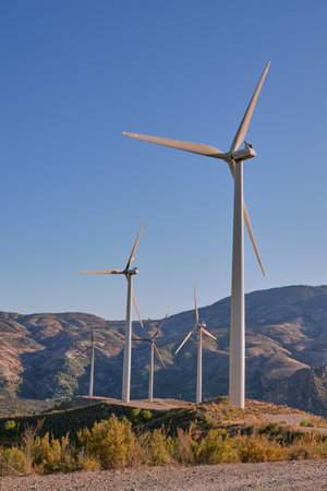 Windmills for electric power production, LanjarÃ³n, Andalucia, Spain.の写真素材