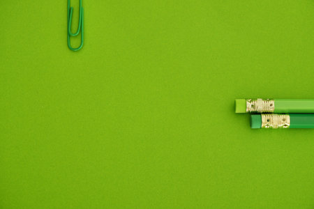 Green stationery on green background. Flat lay, top view.の写真素材