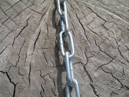 metallic chain on the wooden stubの写真素材